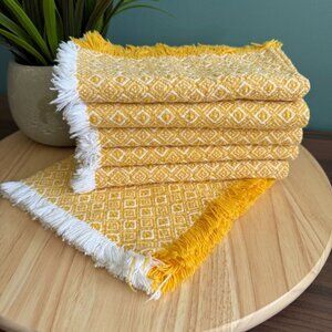 6 Vintage Homespun Weavers  Napkins Yellow & White  Cotton Fringed 15" Sq